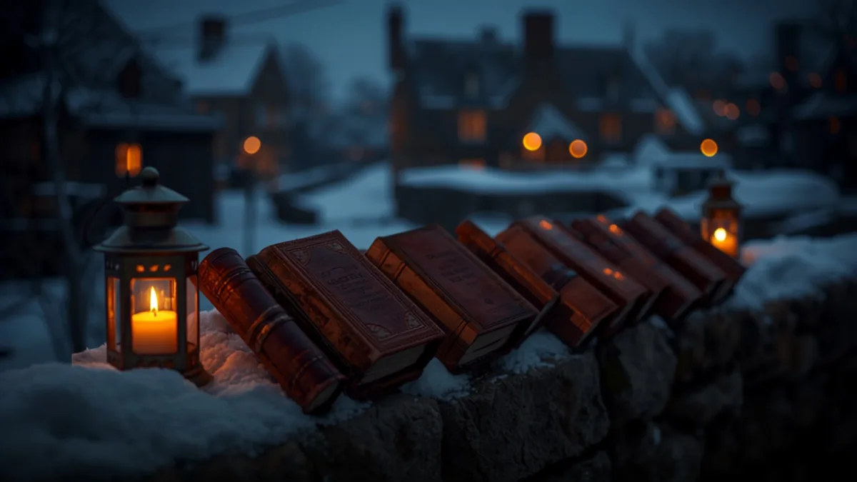 Lit lanterns and closed songbooks resting on a snowy stone wall at dusk