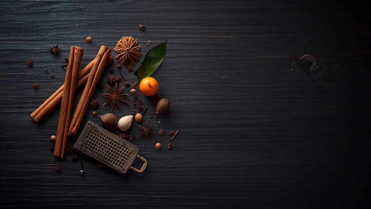 Cinnamon sticks, star anise, nutmeg and cloves beside a clementine on dark wood