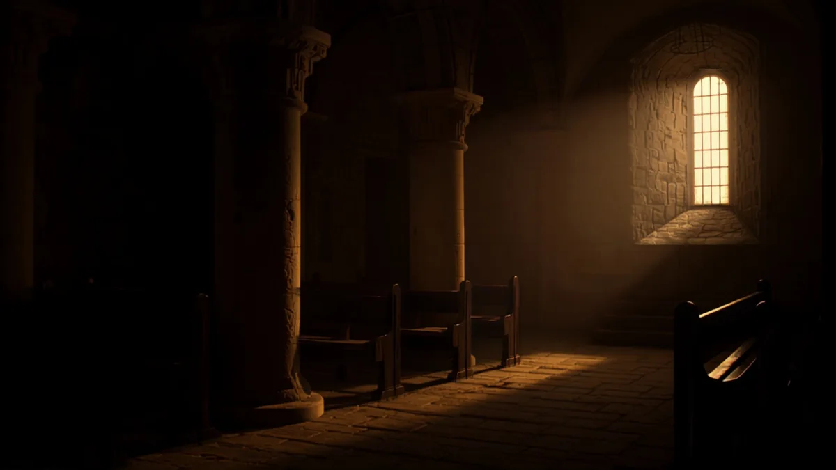 Winter dawn light falling across empty pews in an old stone church