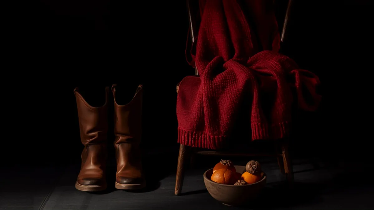 Worn leather boots and a red wool coat by a fireplace with a bowl of oranges