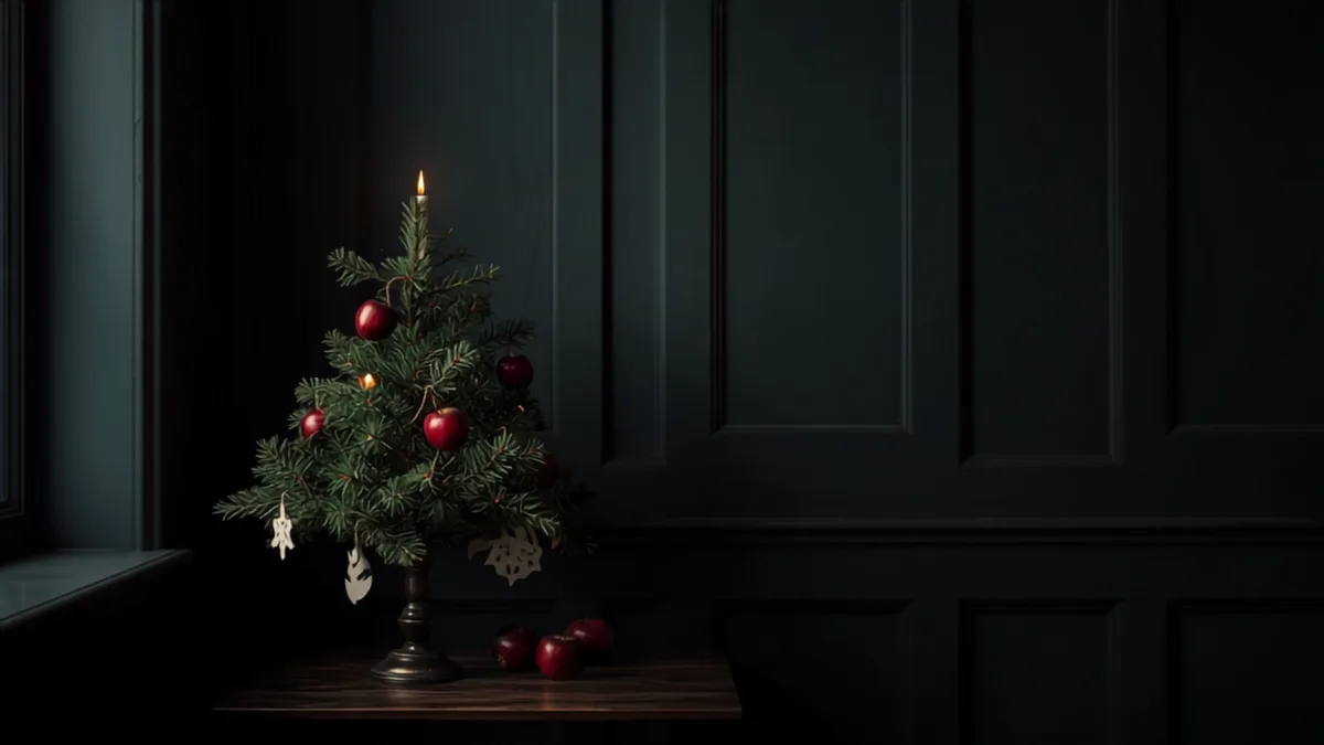 A small fir tree decorated with candles and paper ornaments in an old-fashioned parlour