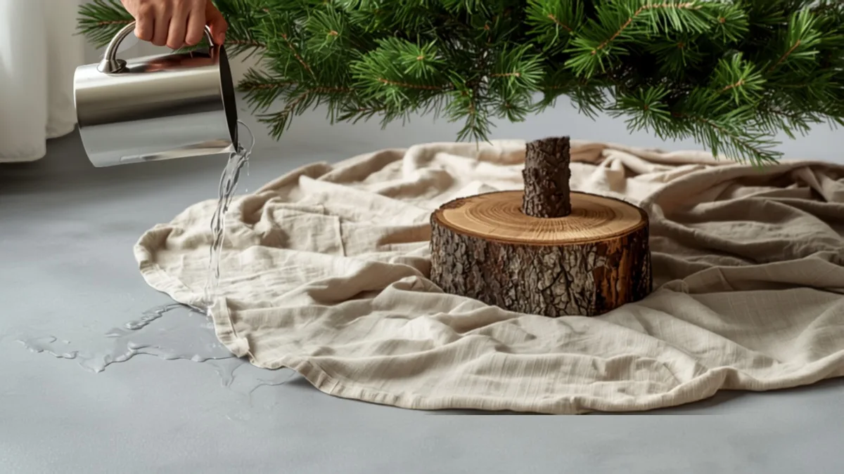 A fresh-cut fir trunk in a tree stand being watered from a metal jug