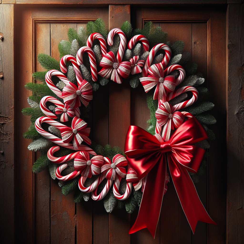 Christmas wreath made of red and white candy canes with a red satin bow