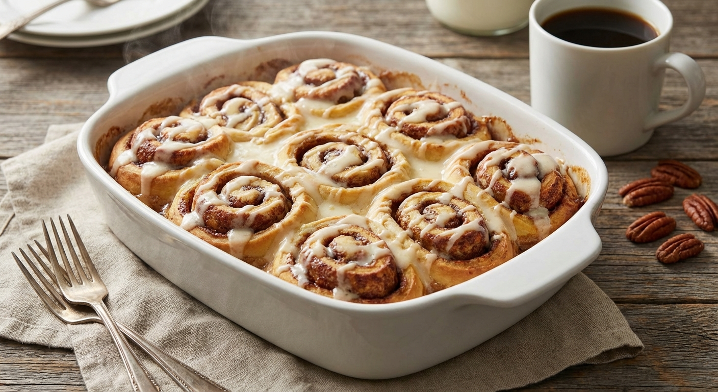 Cinnamon roll casserole fresh from the oven with cream cheese glaze