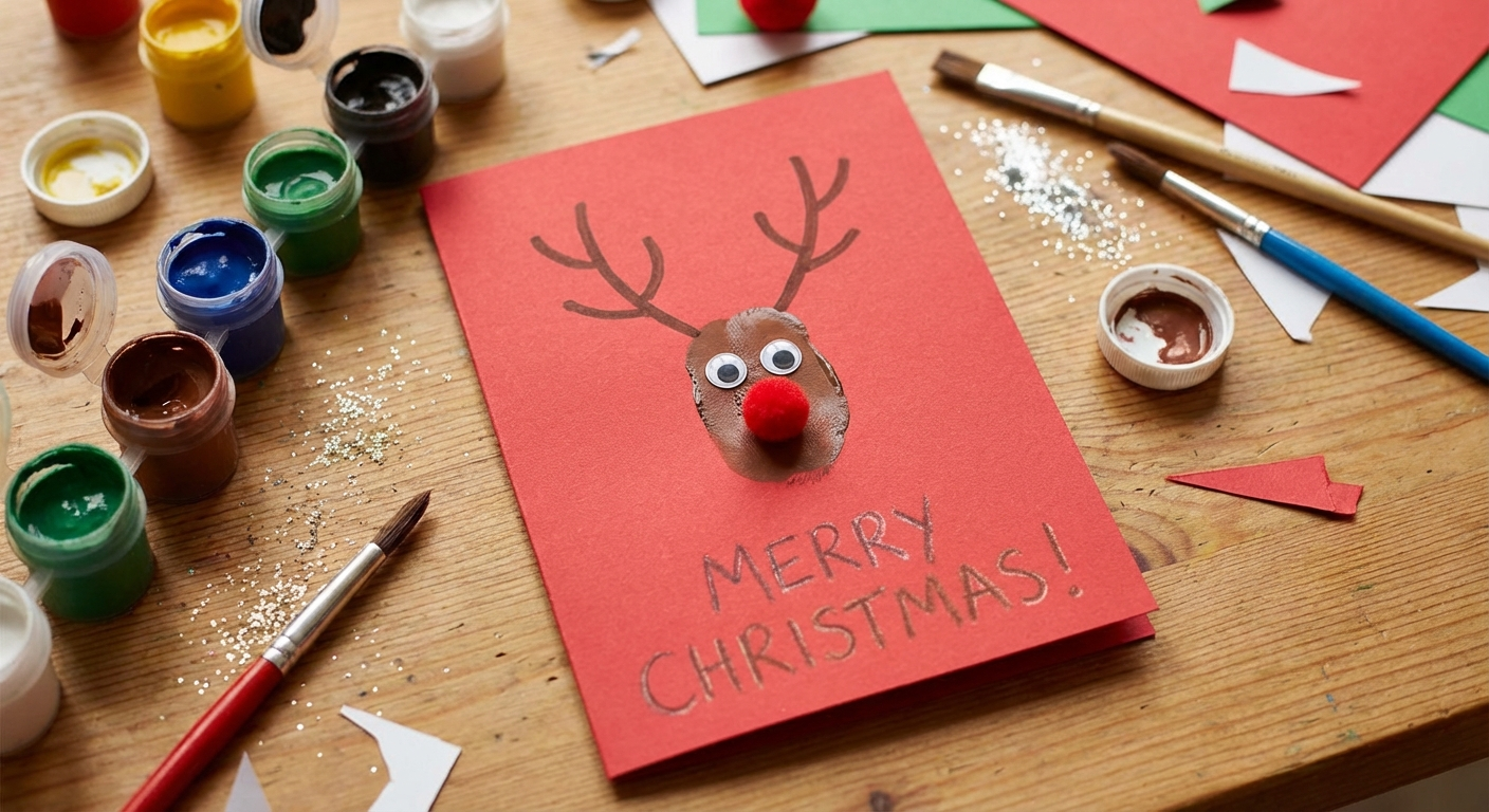 Handmade Christmas card with fingerprint reindeer designs