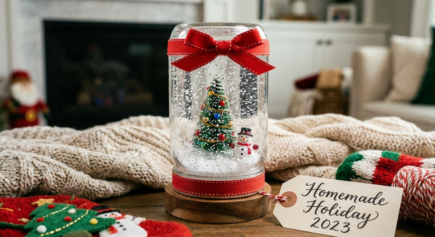 DIY mason jar snow globe with miniature Christmas scene