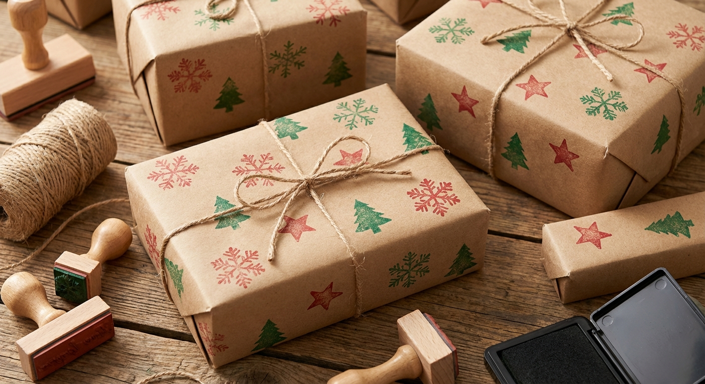 Hand-stamped brown paper gift wrapping