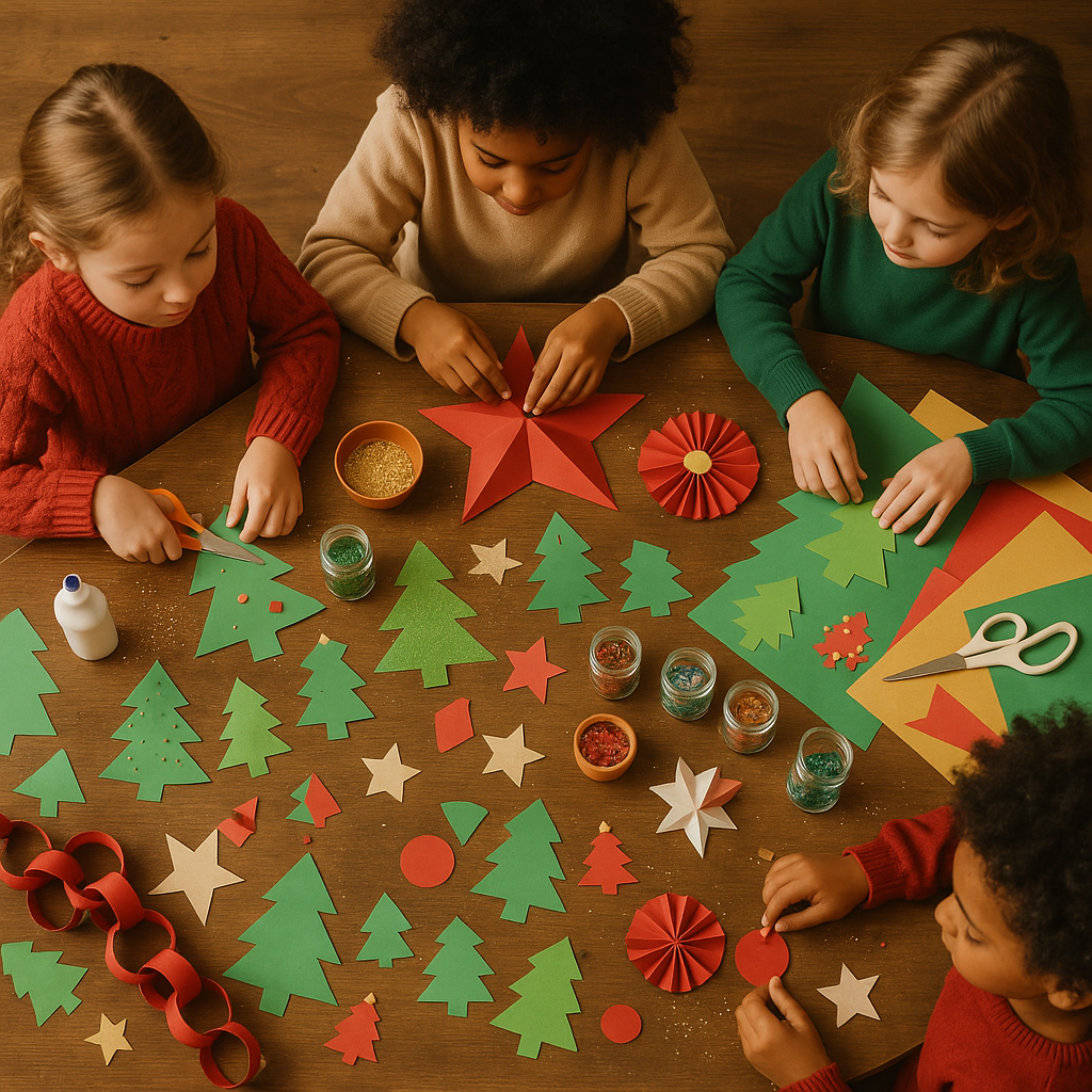 Children making Christmas crafts together at a table