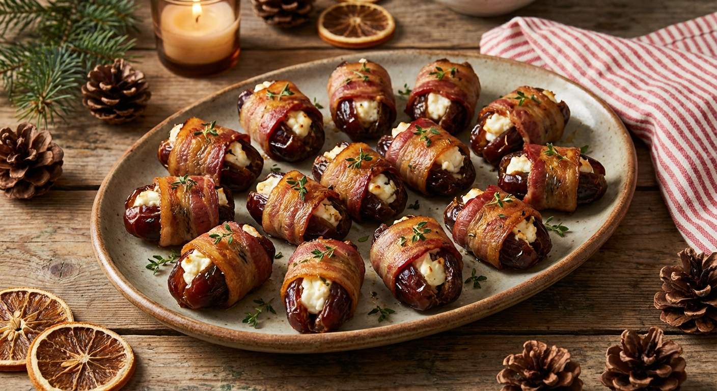 Bacon-wrapped stuffed dates on a holiday serving plate