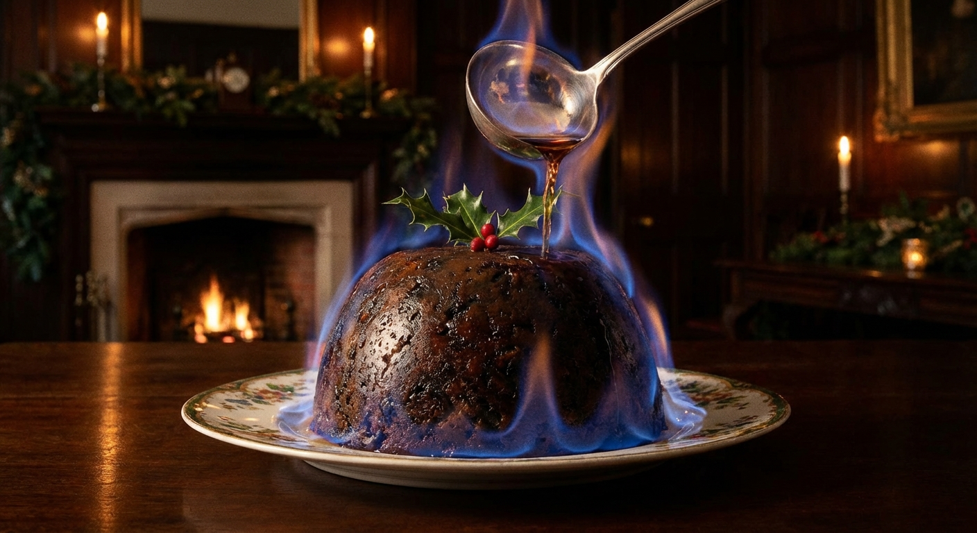 Dark rich Christmas pudding on a white plate, flambéed with blue flames, holly garnish on top