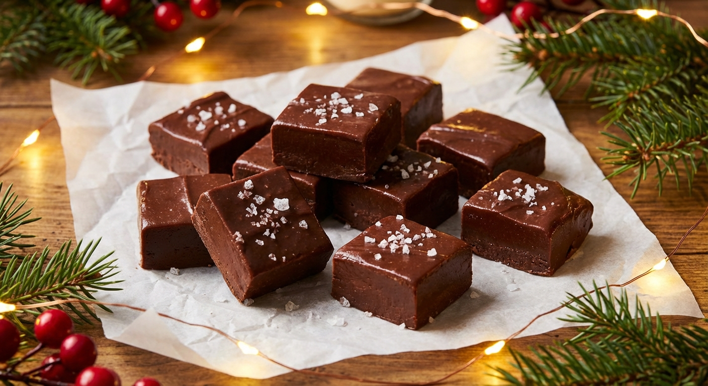 Rich chocolate Christmas fudge cut into perfect squares with sea salt topping