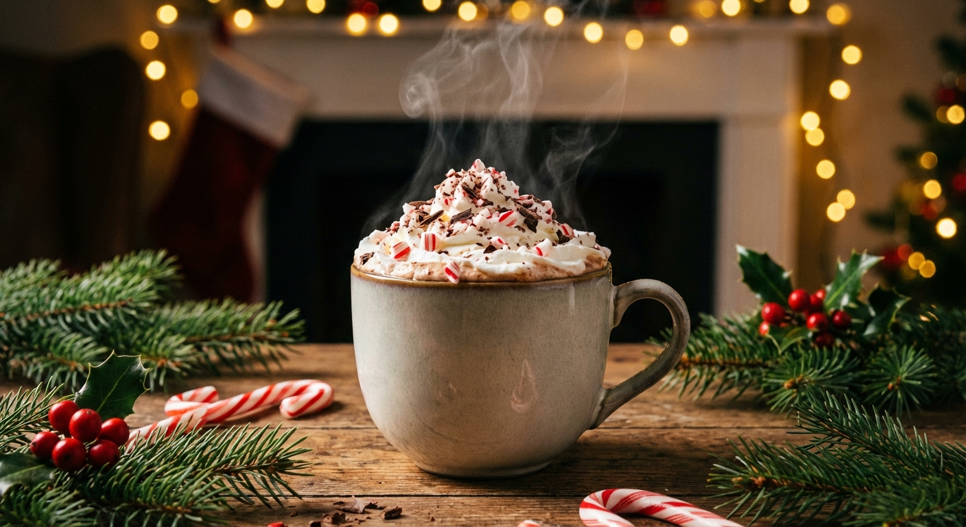 Mug of thick hot chocolate topped with whipped cream and crushed peppermint