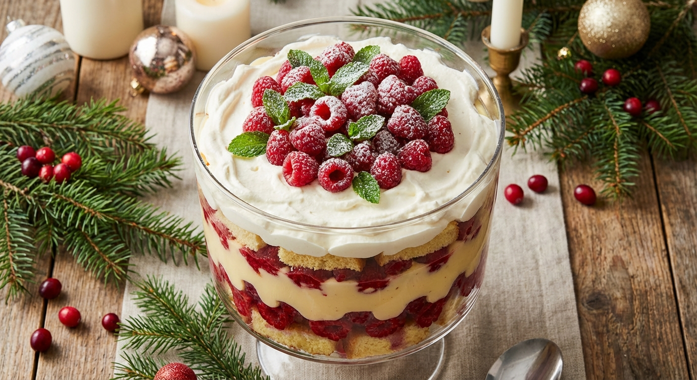 Layered Christmas trifle in a glass bowl with berries and whipped cream