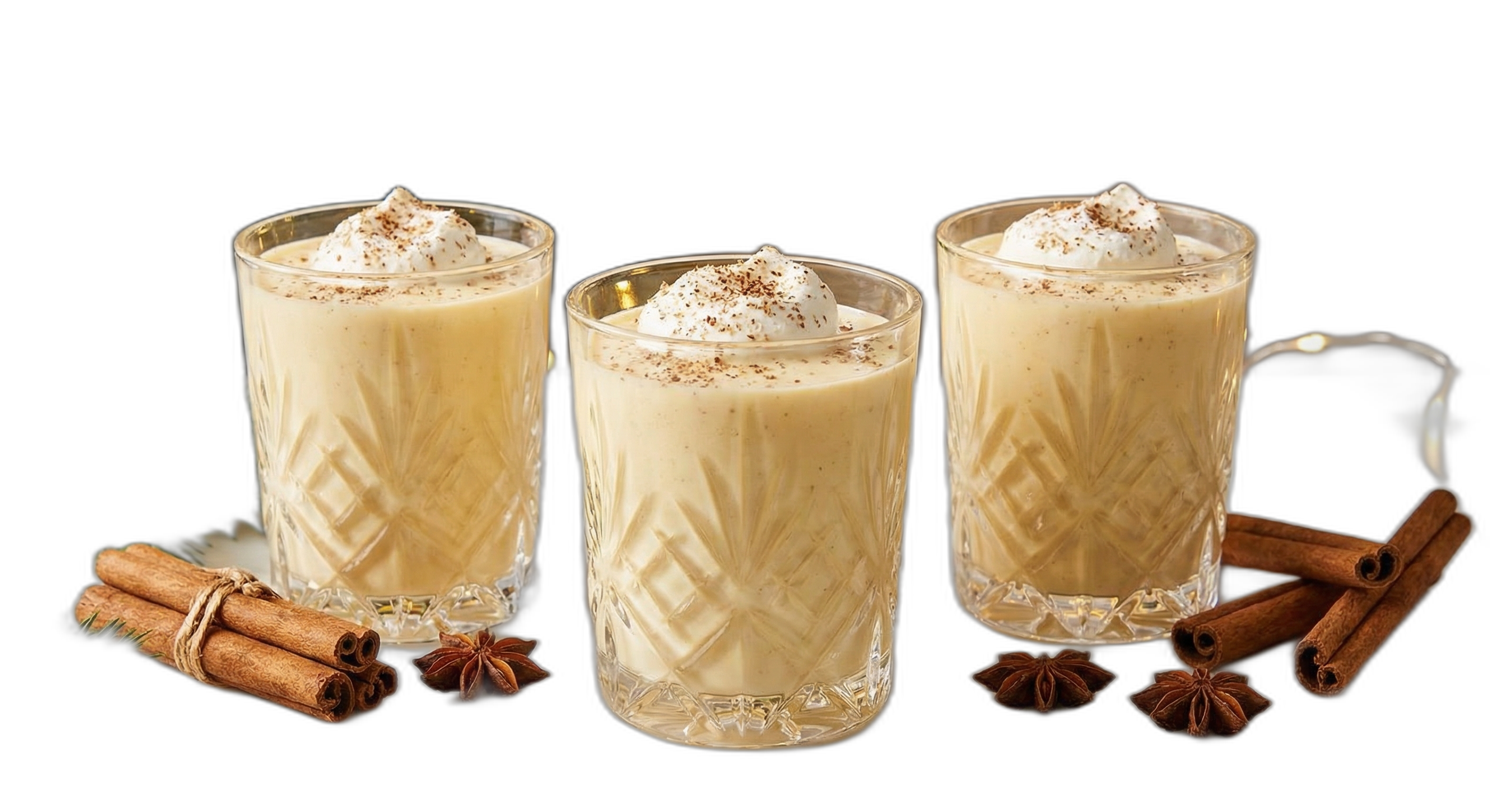 Classic homemade eggnog in elegant glasses topped with whipped cream and freshly grated nutmeg
