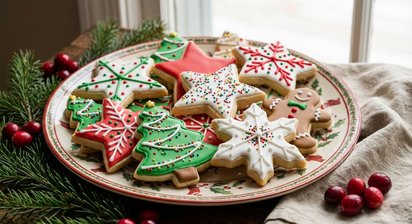 Decorated Christmas sugar cookies on a baking sheet