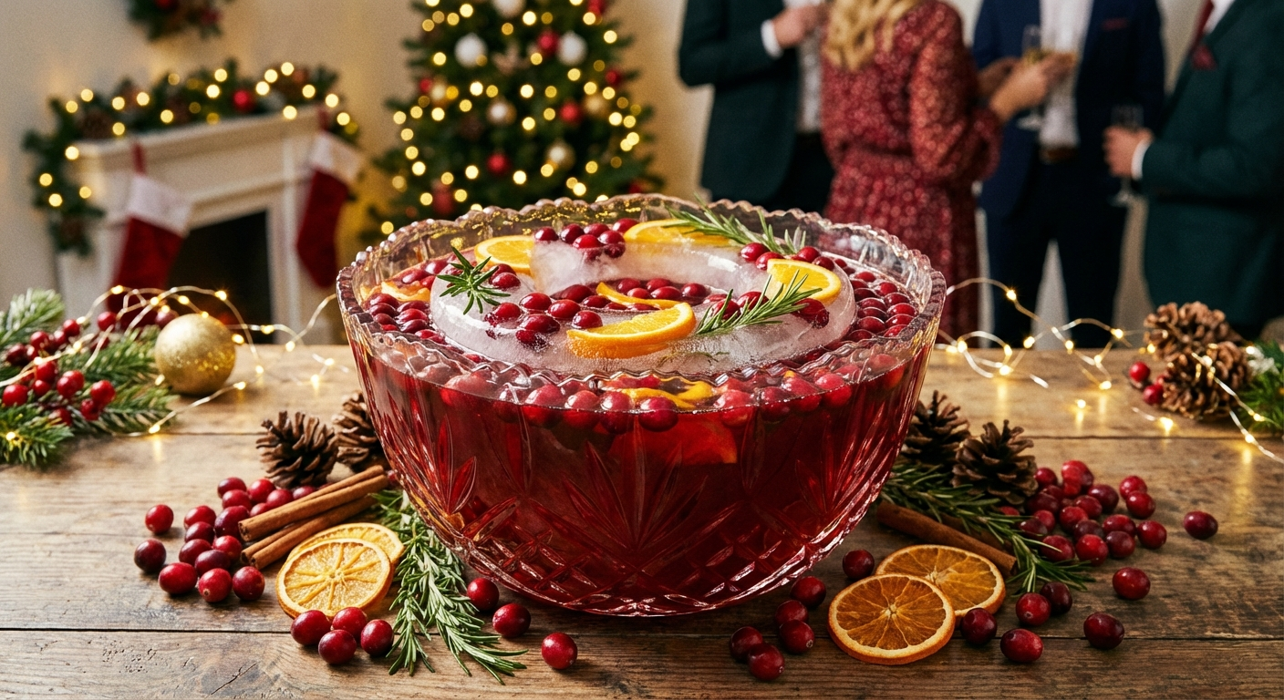 Glass bowl of deep-red cranberry Christmas punch with orange slices and cranberry ice ring