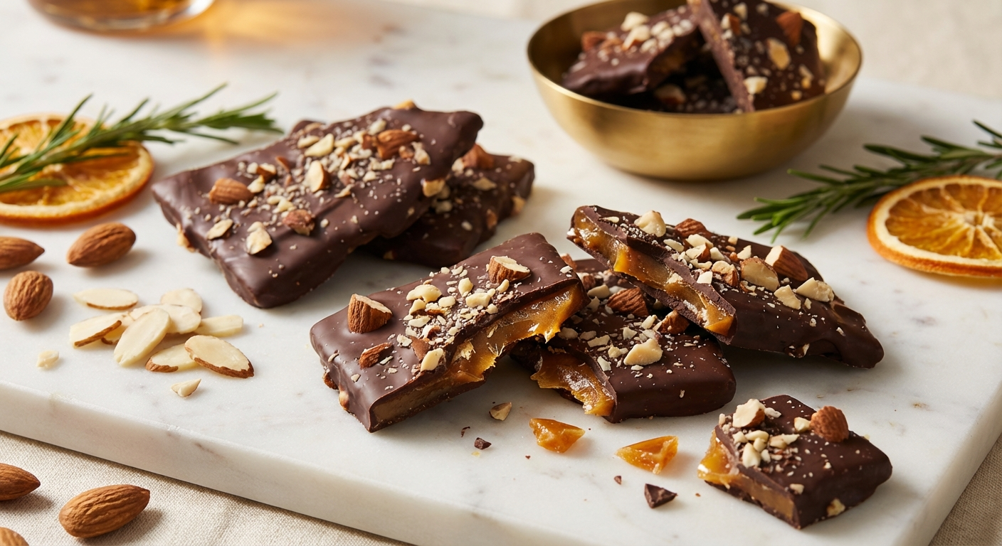 English butter toffee pieces covered in chocolate and crushed almonds