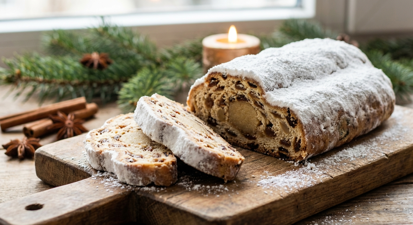 German Stollen Christmas bread dusted with powdered sugar, sliced to show marzipan center