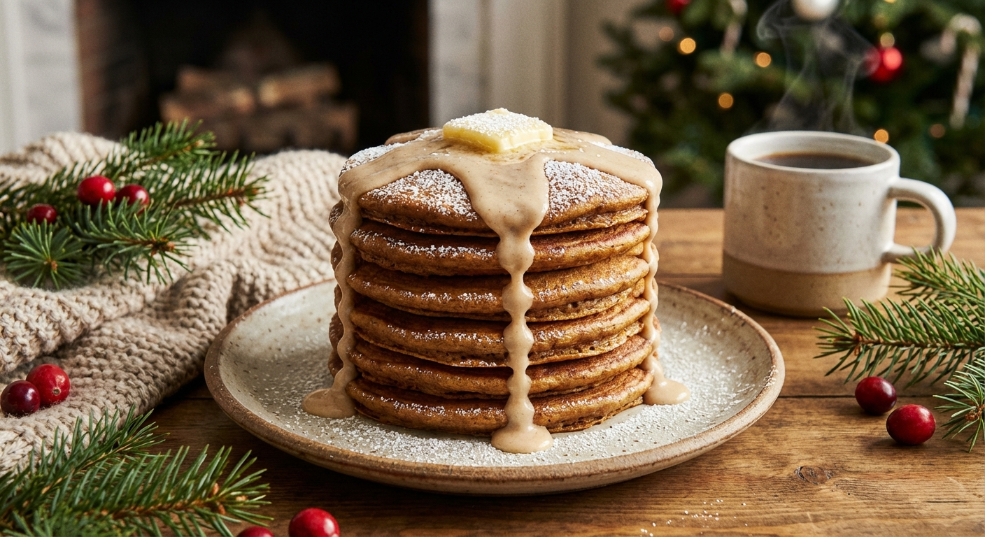 Stack of gingerbread pancakes with maple syrup