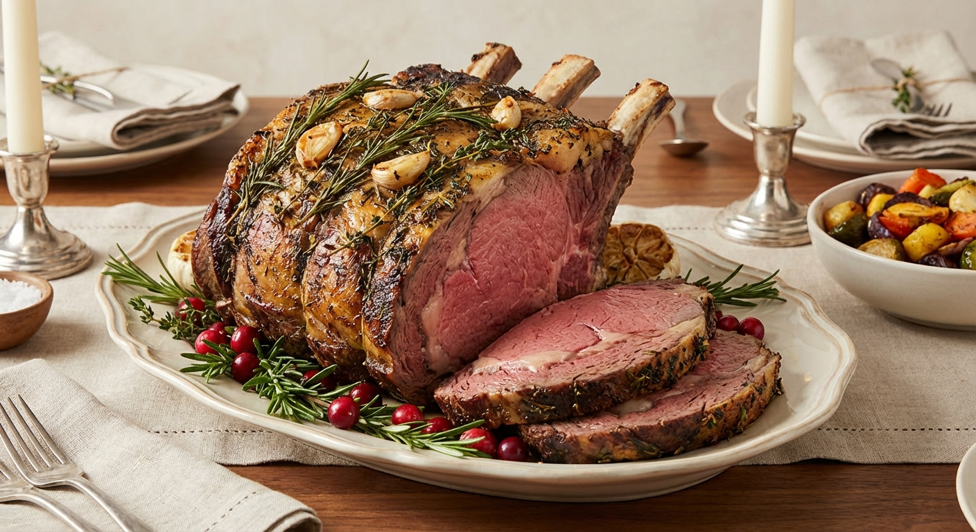 Herb-crusted prime rib roast with vegetables