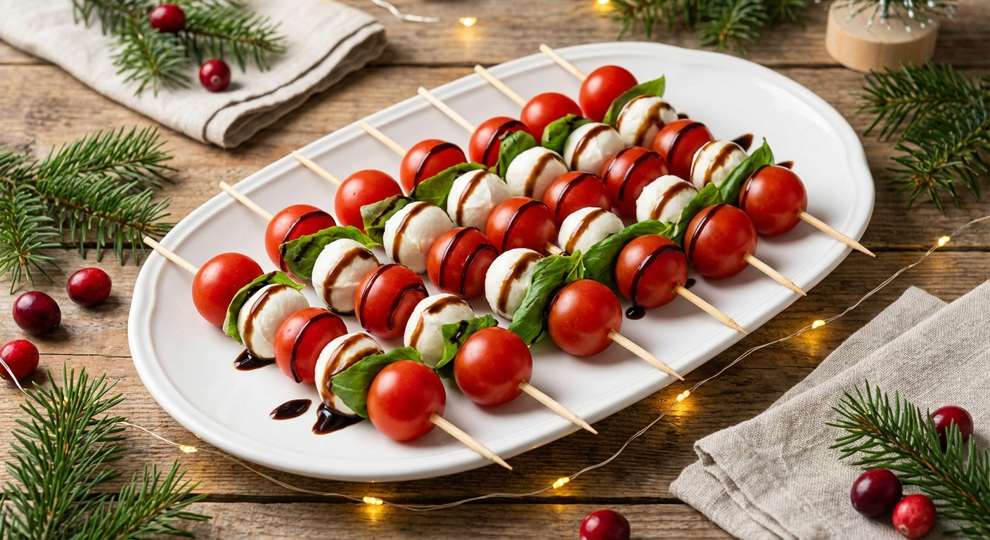 Caprese skewers with tomato, mozzarella, and basil on a serving platter