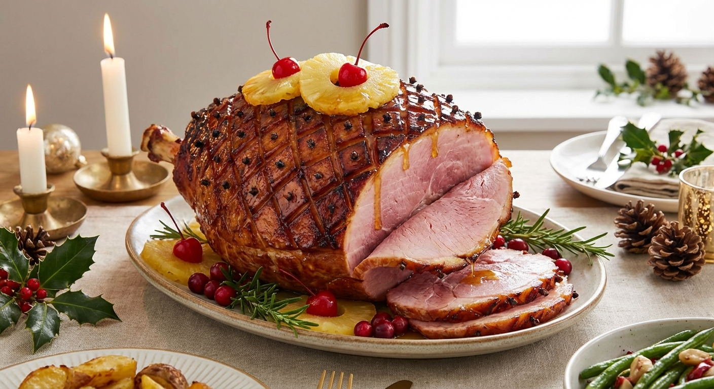 Golden honey glazed ham on a festive dinner table