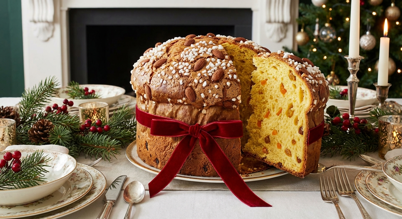 Italian Panettone Christmas bread with golden domed top and candied fruit crumb