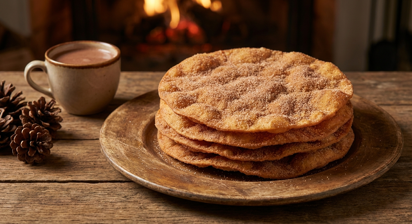 Stack of golden crispy buñuelos dusted with cinnamon sugar on a colorful Mexican plate