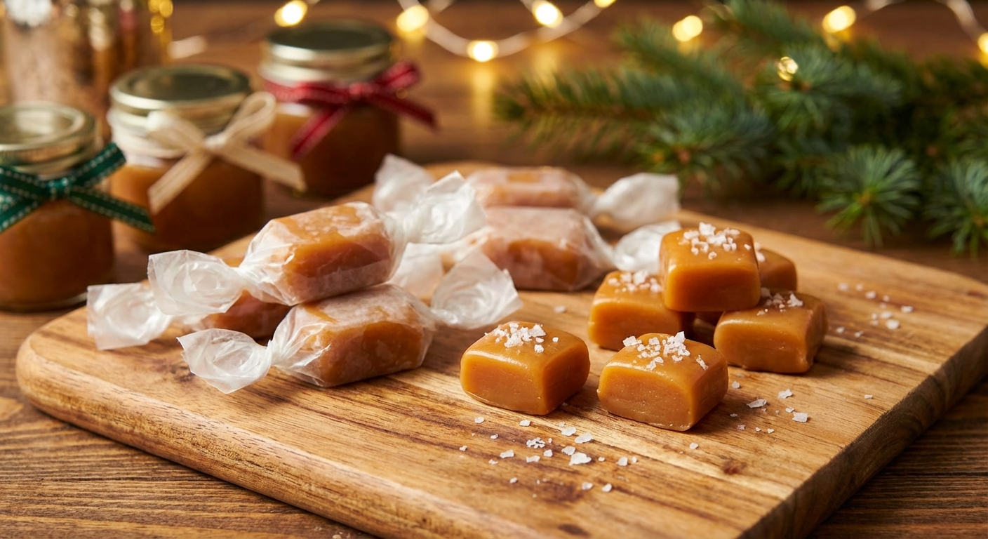 Individually wrapped soft salted caramels with flaky sea salt
