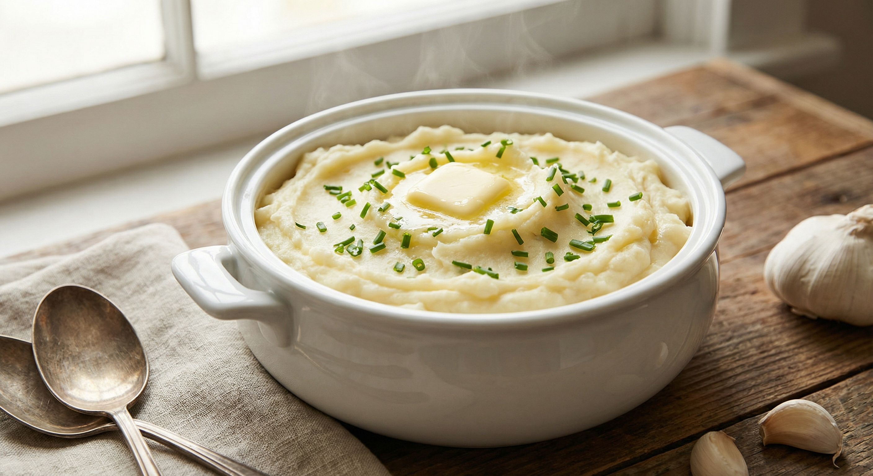 Creamy garlic mashed potatoes in a white bowl with melting butter and fresh chives
