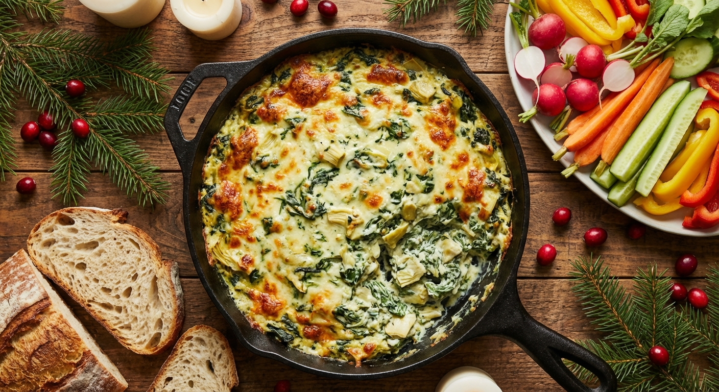 Hot spinach artichoke dip in a cast iron skillet with bread