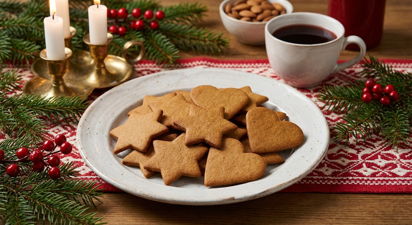 Thin crispy Swedish gingerbread cookies on a white plate with a cup of coffee