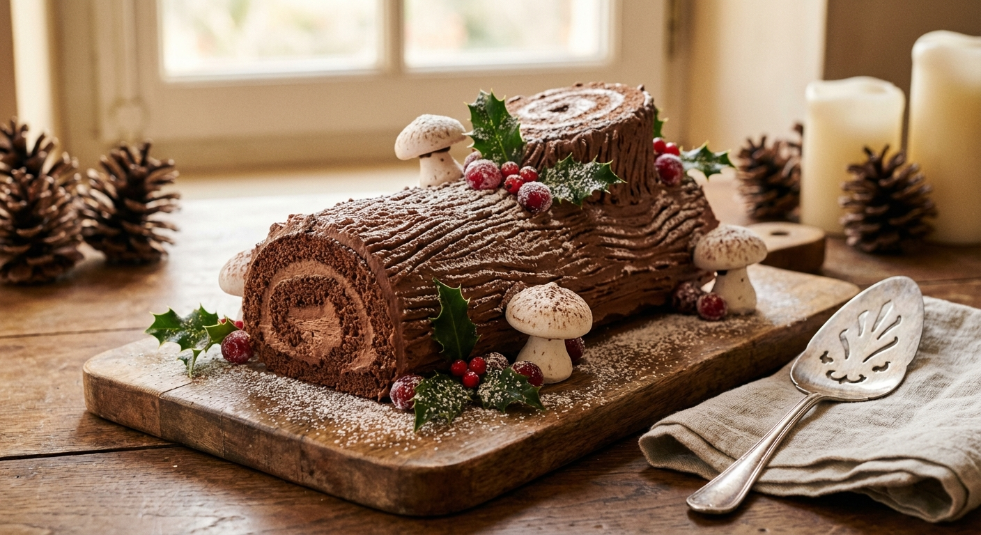 Chocolate Yule log cake with festive decorations